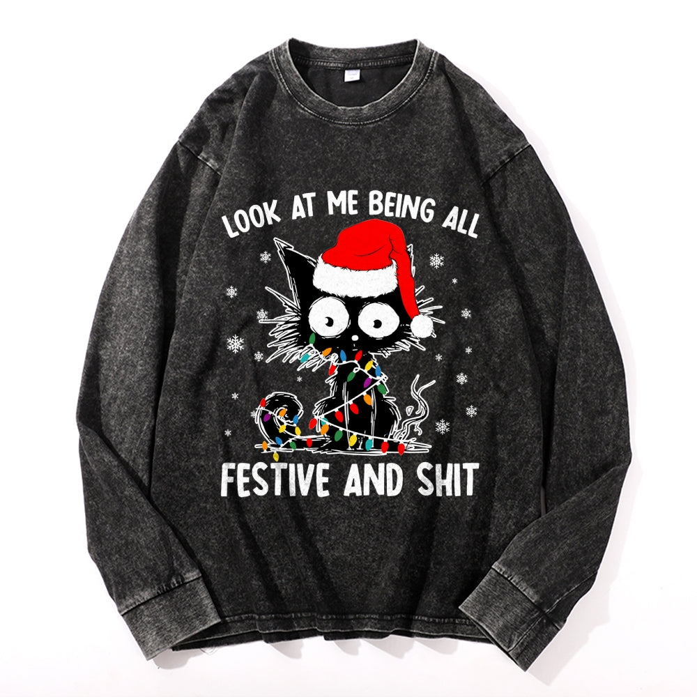 Christmas Cat Vintage Cotton Wash Crewneck Long-Sleeve T-Shirt