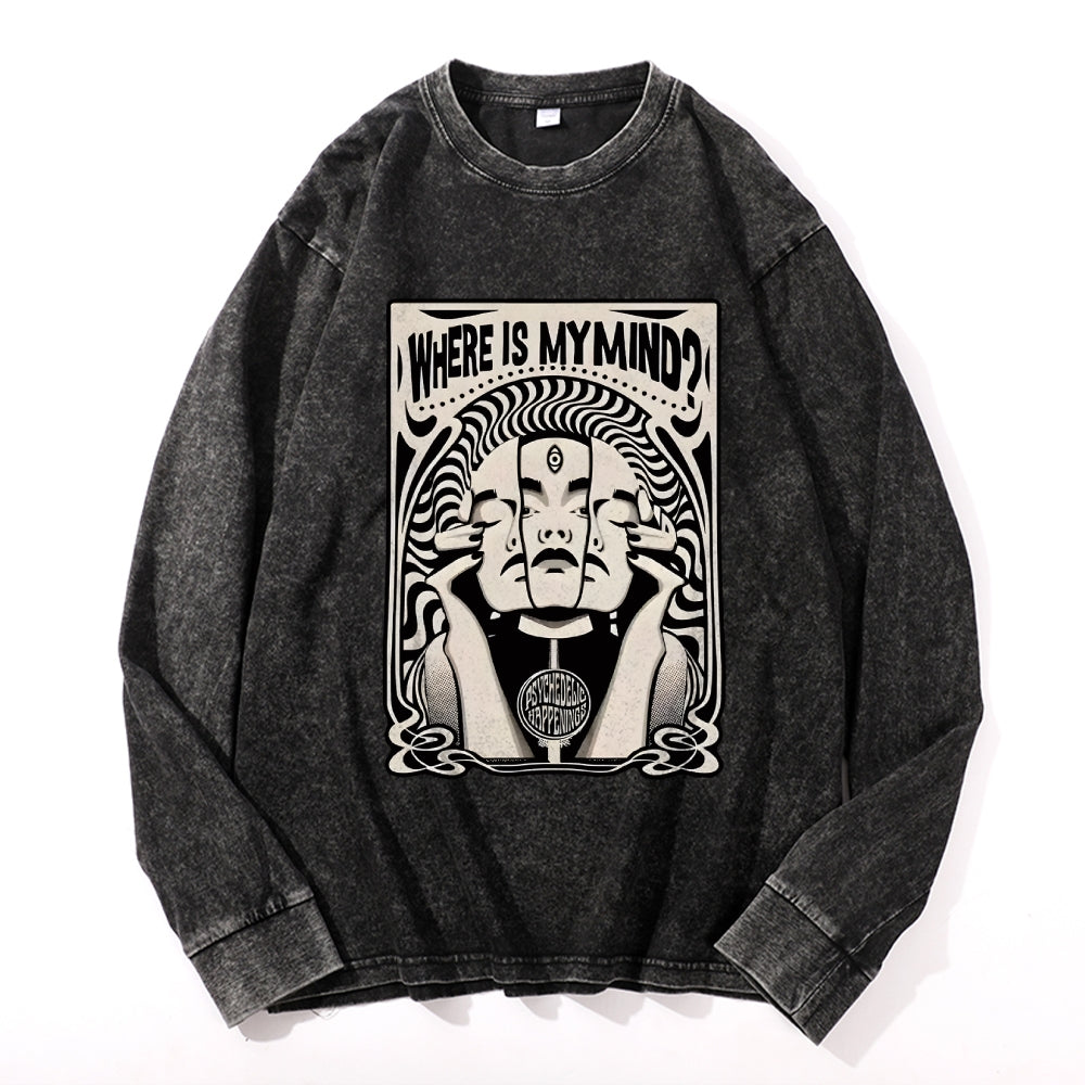 Where Is My Brain Vintage Cotton Wash Crewneck Long-Sleeve T-Shirt