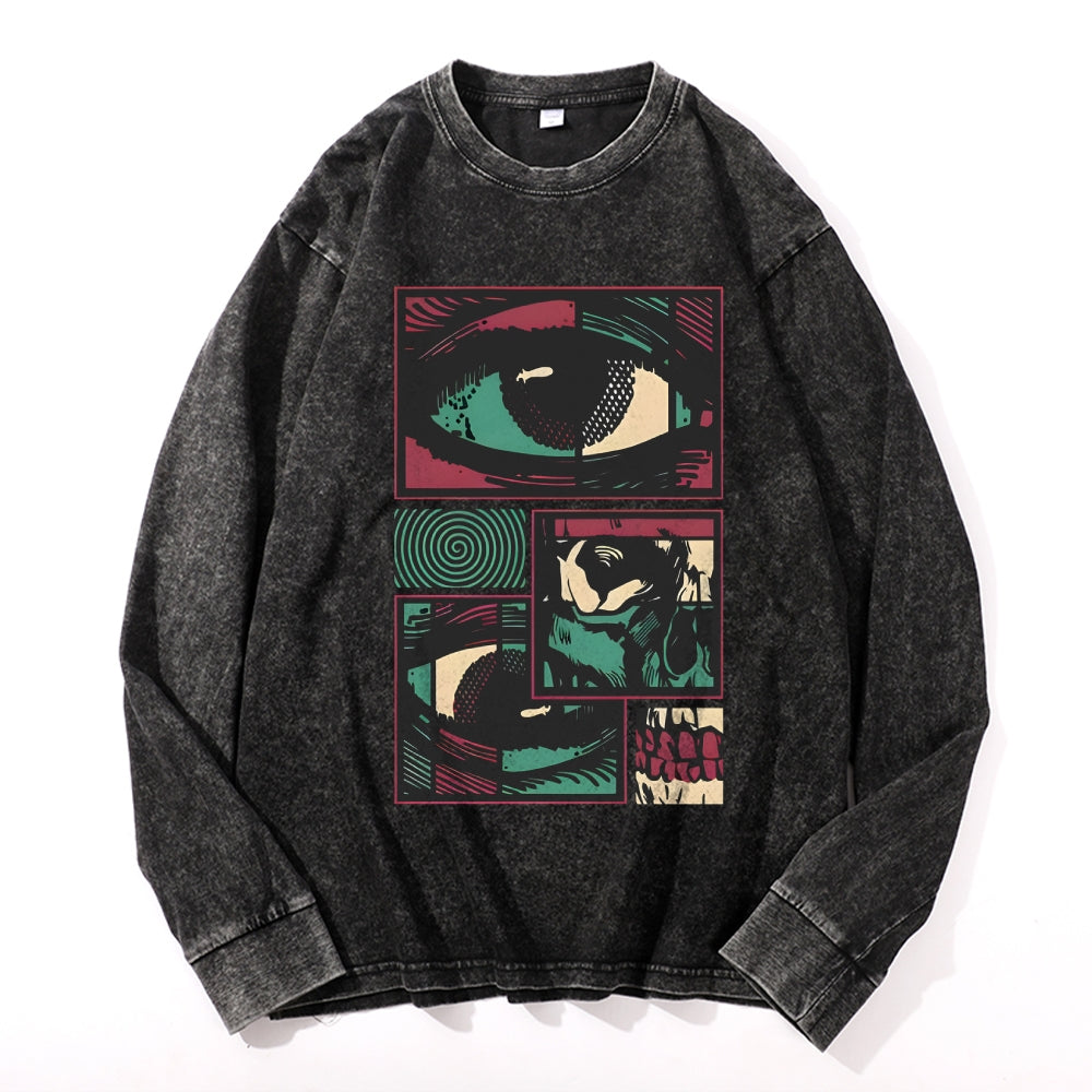 Facial Fragments Vintage Cotton Wash Crewneck Long-Sleeve T-Shirt