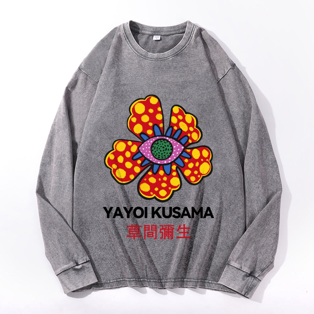 Yayoi Kusama Flower Vintage Cotton Wash Crewneck Long-Sleeve T-Shirt