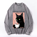 Black Cat Coffee Vintage Cotton Wash Crewneck Long-Sleeve T-Shirt