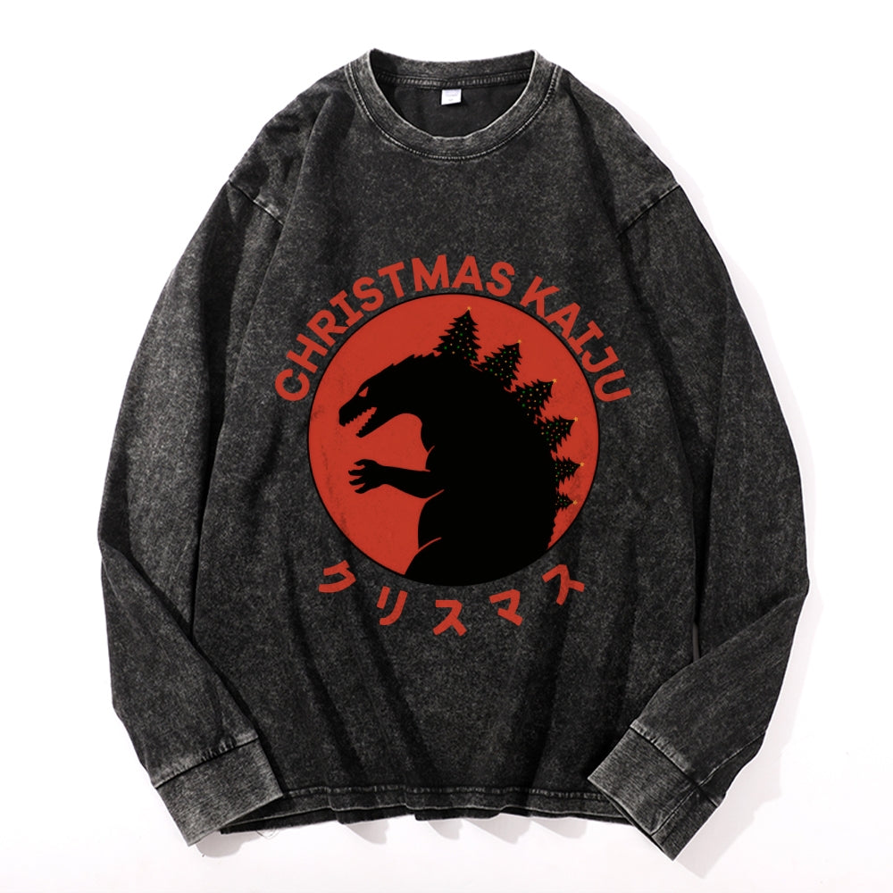 Christmas Kaiju Vintage Cotton Wash Crewneck Long-Sleeve T-Shirt