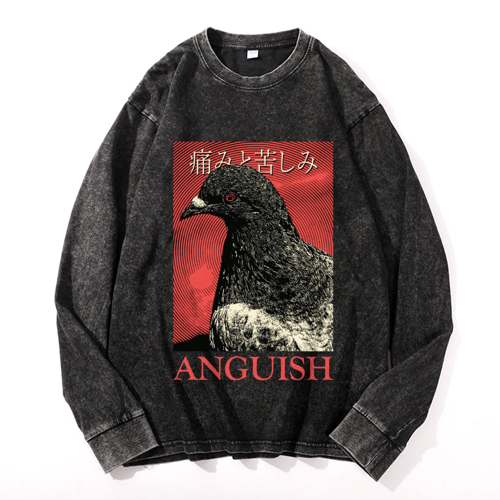 Anguish Pigeon Vintage Cotton Wash Crewneck Long-Sleeve T-Shirt