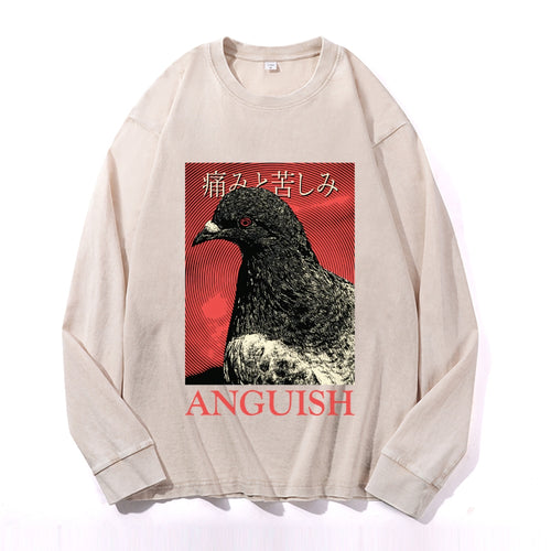 Anguish Pigeon Vintage Cotton Wash Crewneck Long-Sleeve T-Shirt