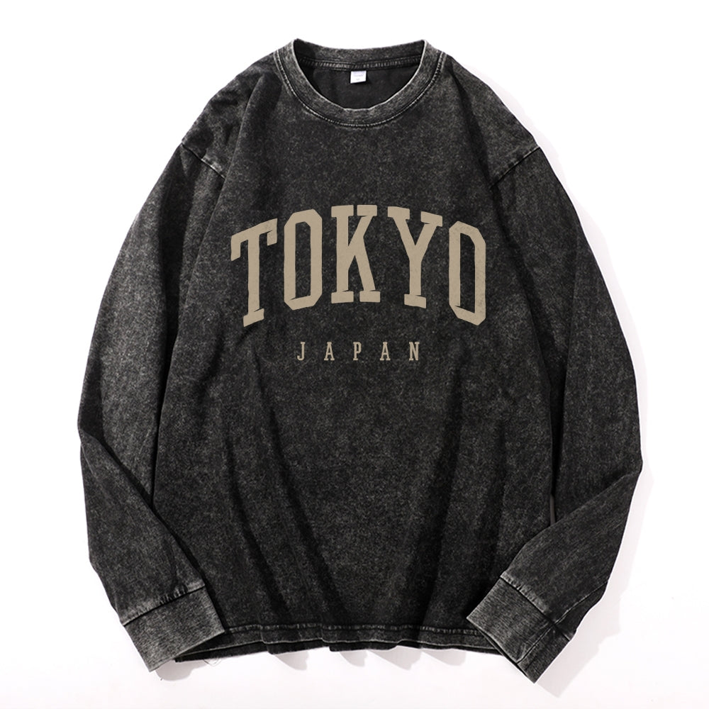 Tokyo Vintage Cotton Wash Crewneck Long-Sleeve T-Shirt