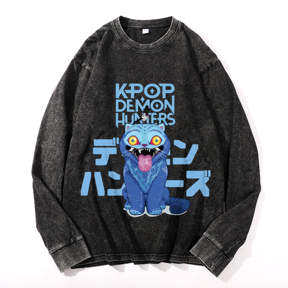 Kpop Demon Hunter Tiger Vintage Cotton Wash Crewneck Long-Sleeve T-Shirt