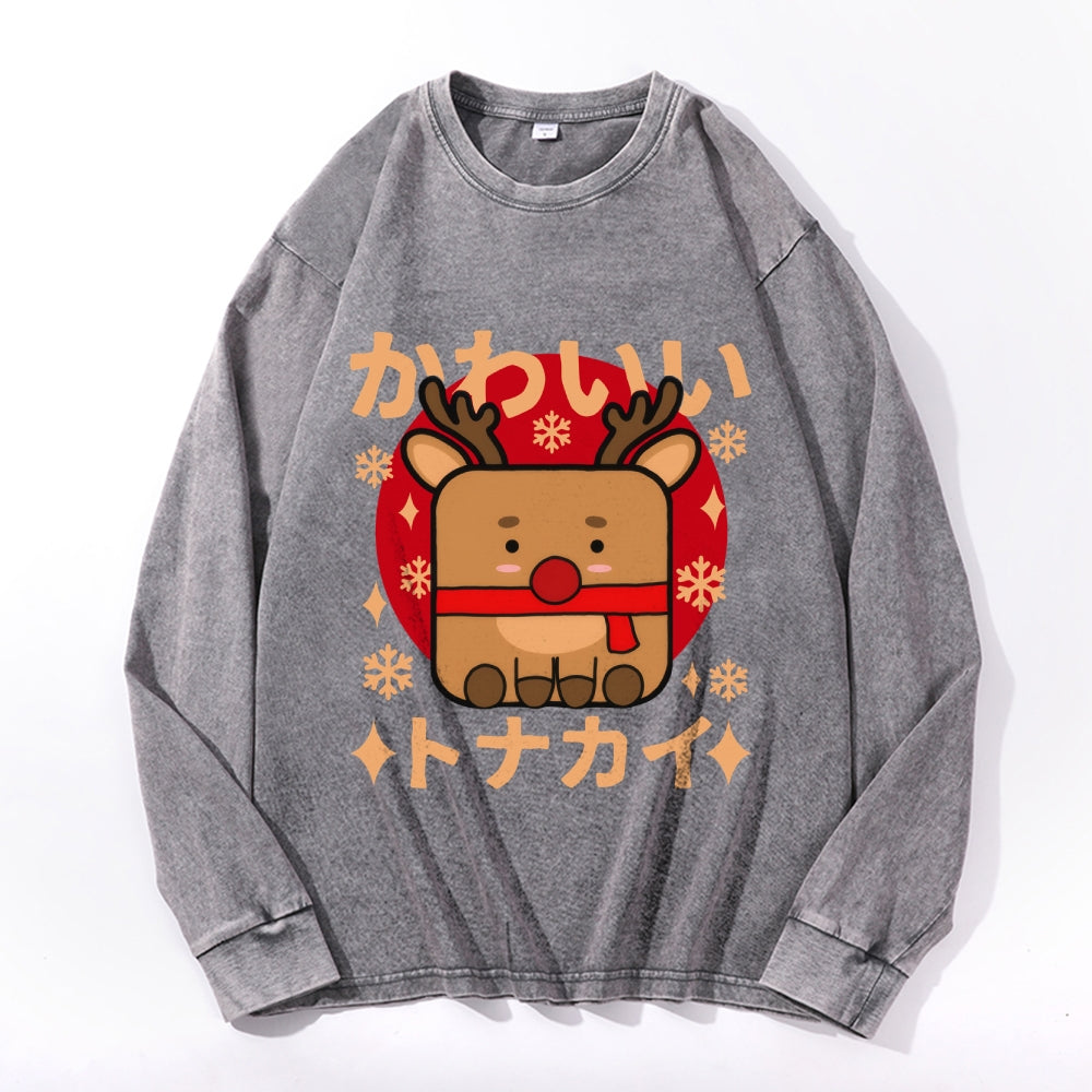 Christmas Reindeer Vintage Cotton Wash Crewneck Long-Sleeve T-Shirt