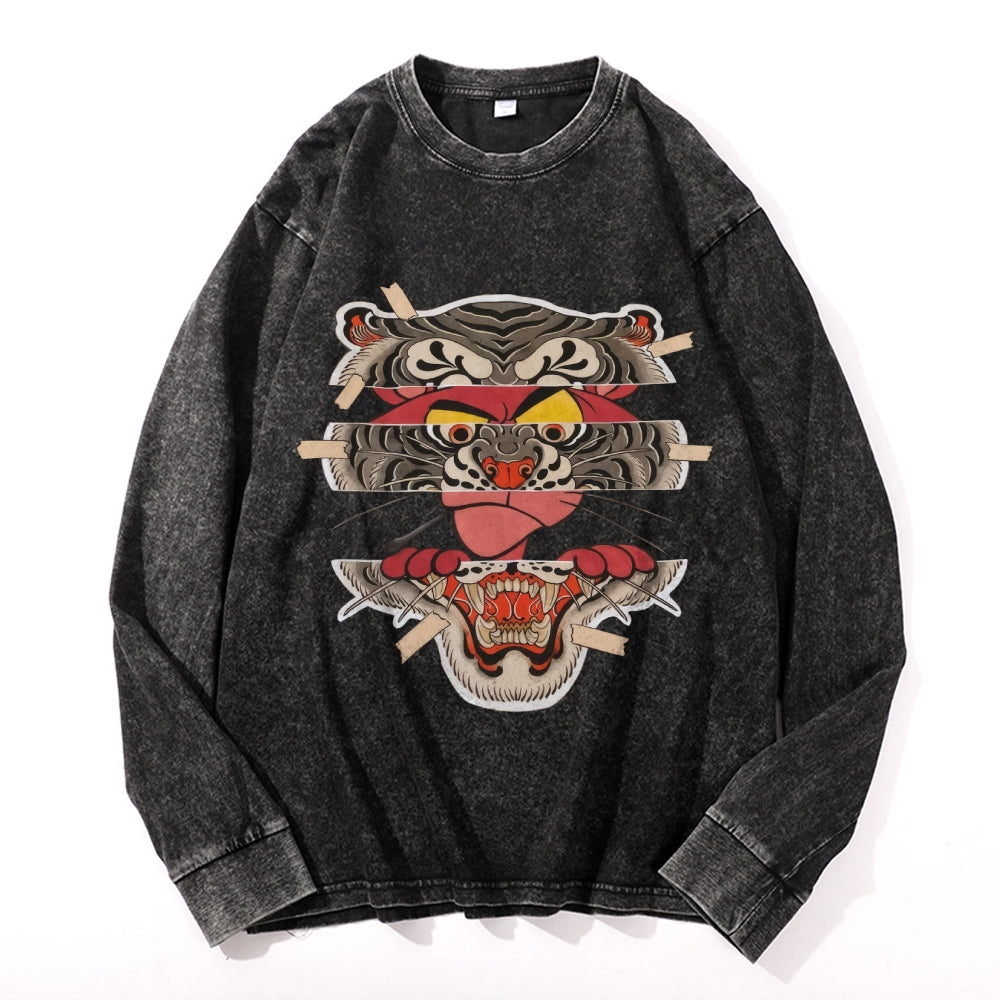 Tiger Pink Tattoo Vintage Cotton Wash Crewneck Long-Sleeve T-Shirt