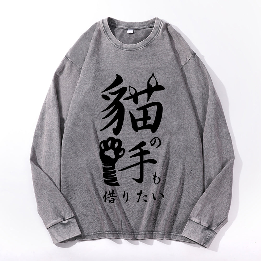 Cat Hand Vintage Cotton Wash Crewneck Long-Sleeve T-Shirt
