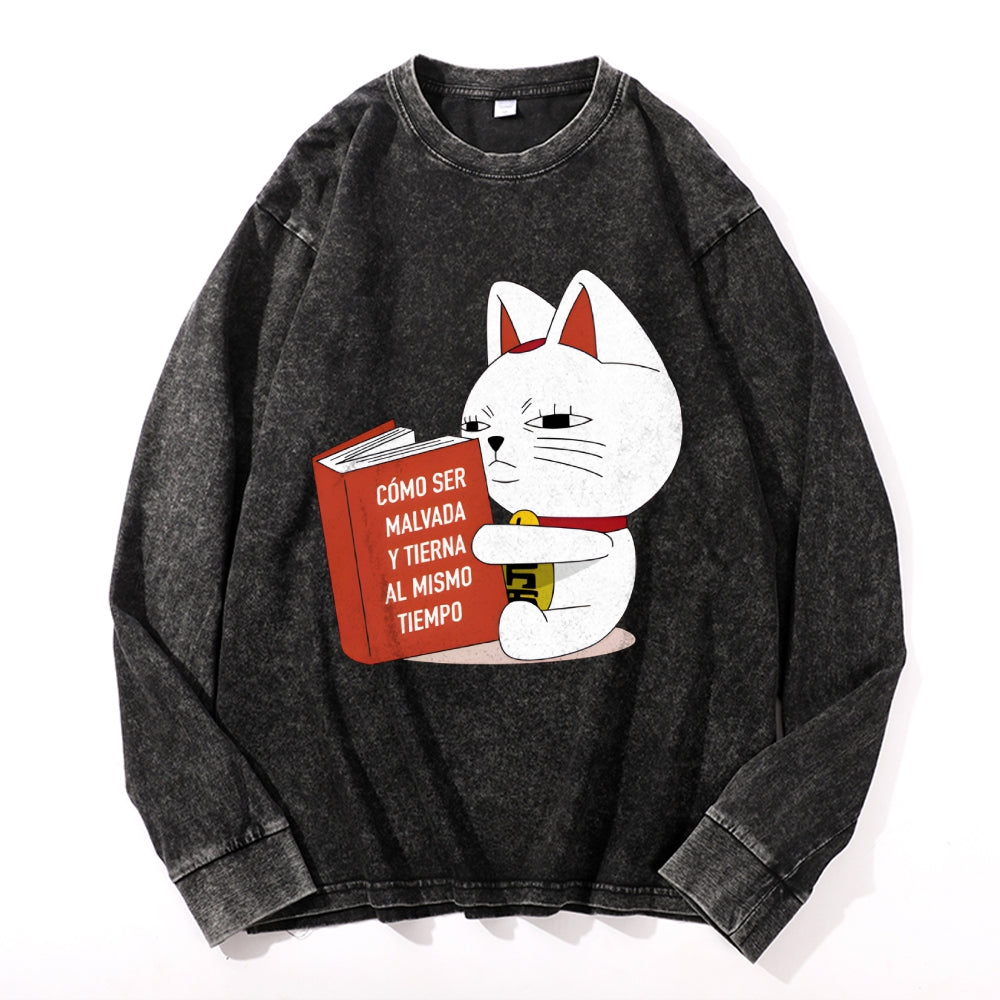 Dandadan Maneki-neko Vintage Cotton Wash Crewneck Long-Sleeve T-Shirt