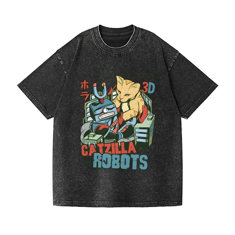 Catzilla Robots Vintage Wash Japanese Design T-Shirt
