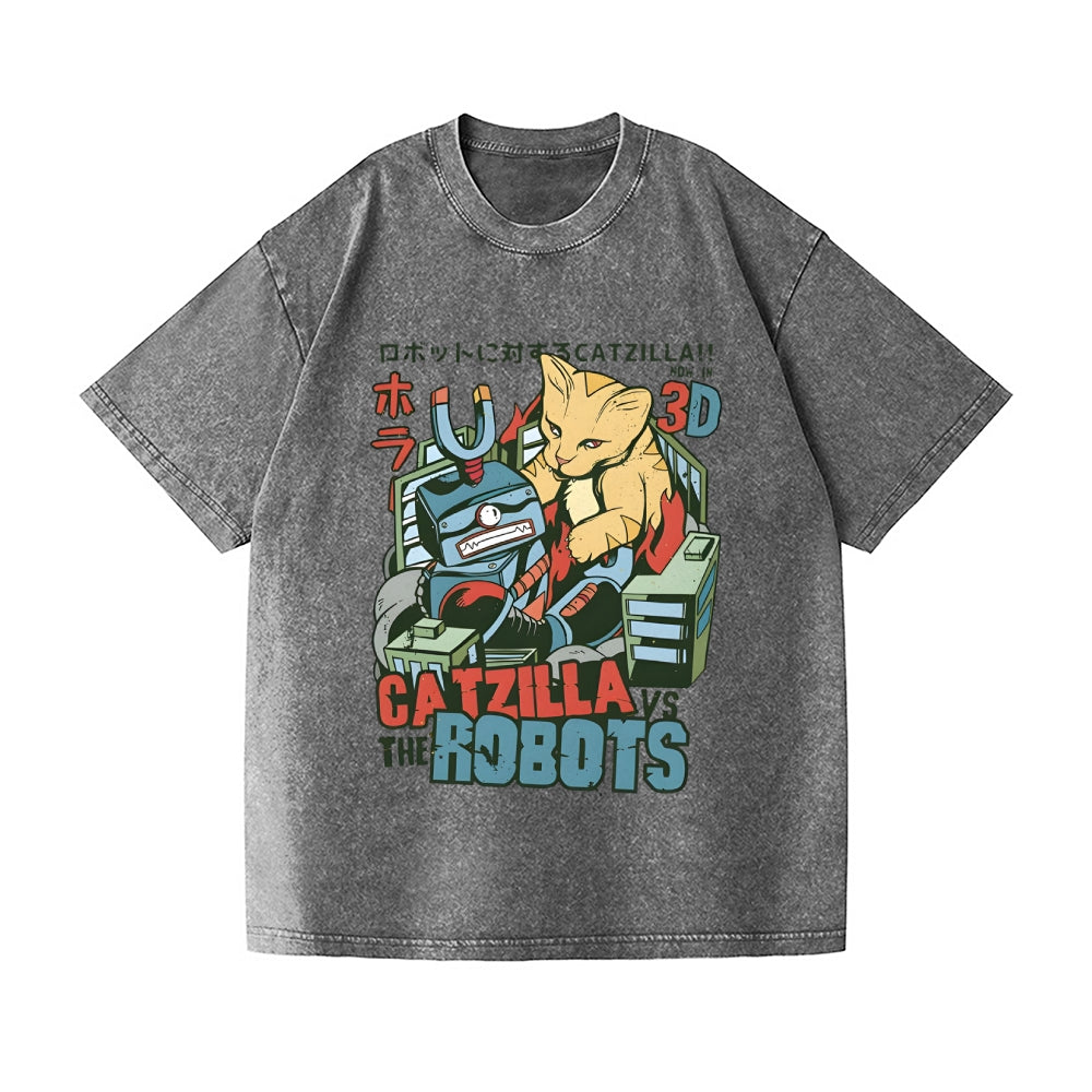 Catzilla Robots Vintage Wash Japanese Design T-Shirt