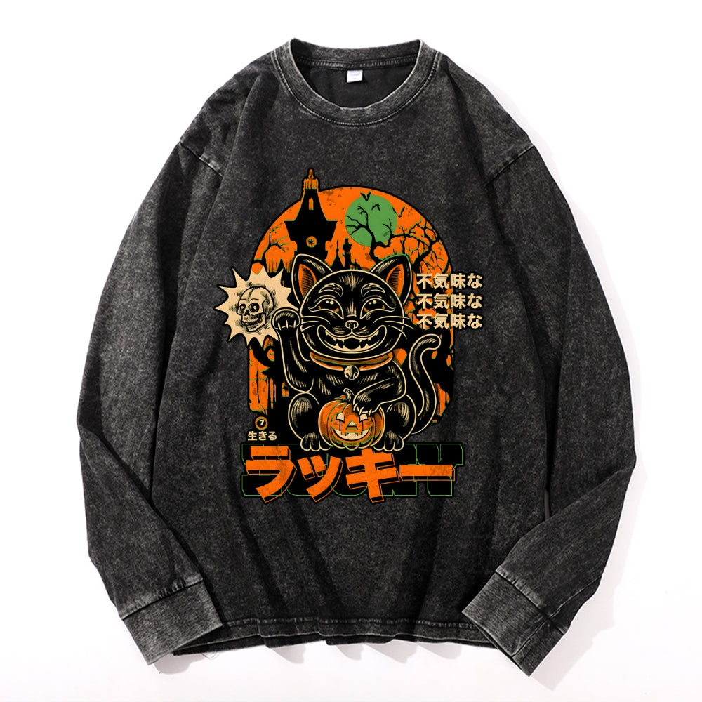 Halloween Party Vintage Cotton Wash Crewneck Long-Sleeve T-Shirt