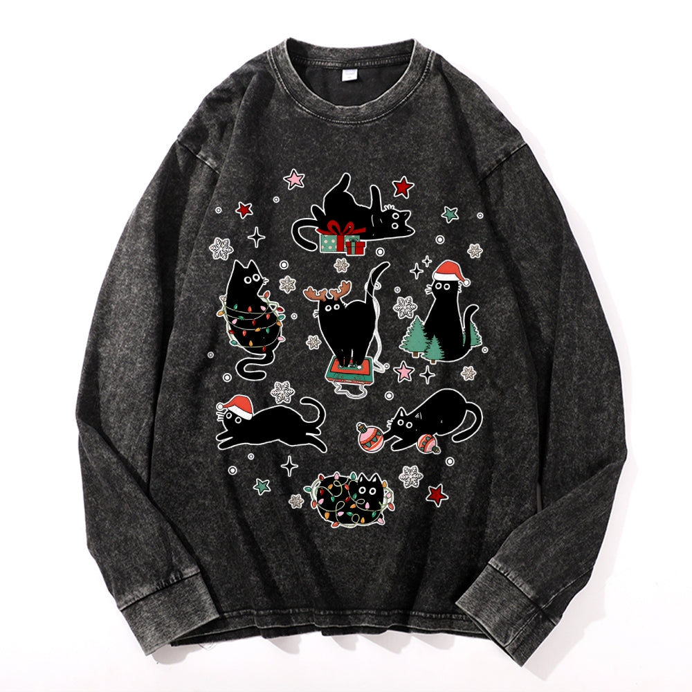 Christmas Cat Vintage Cotton Wash Crewneck Long-Sleeve T-Shirt