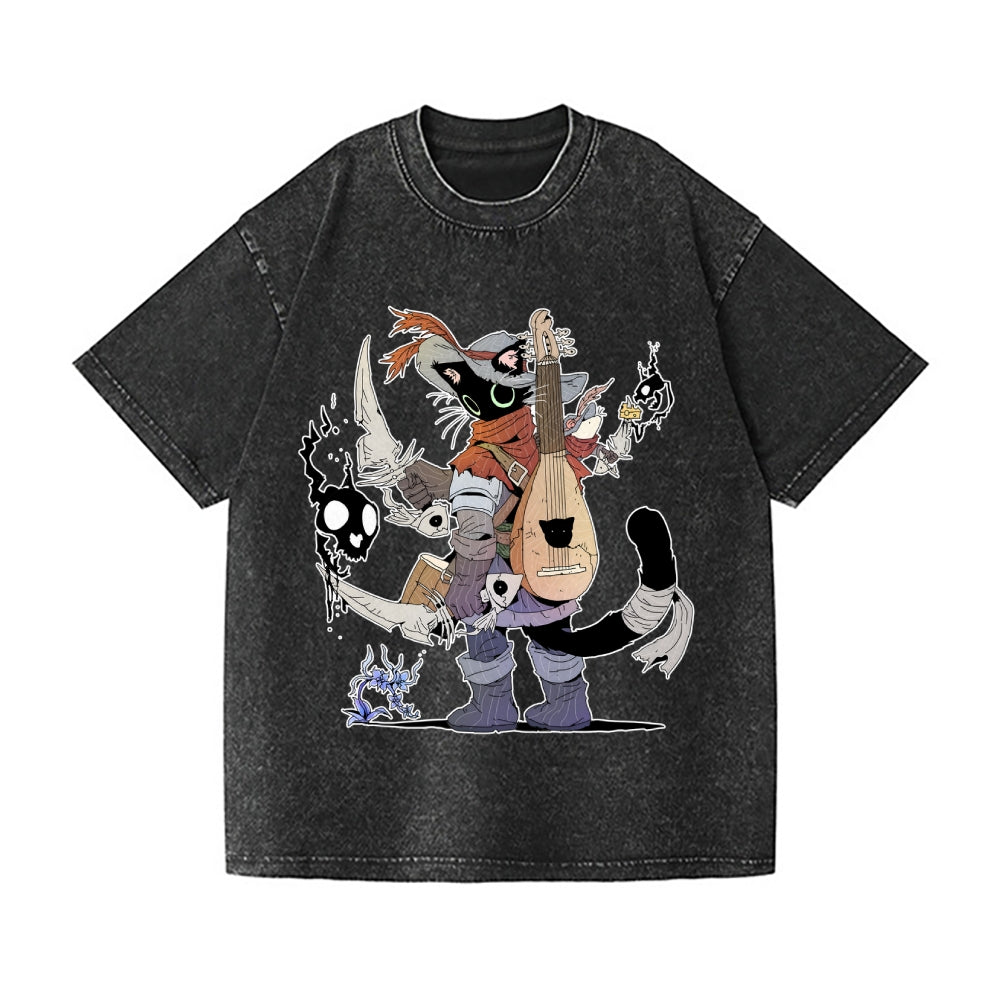 Battle Bard Cat With Fishbone Swords Vintage Wash Japanese Design T-Shirt