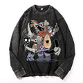 Battle Bard Cat With Fishbone Swords Vintage Cotton Wash Crewneck Long-Sleeve T-Shirt