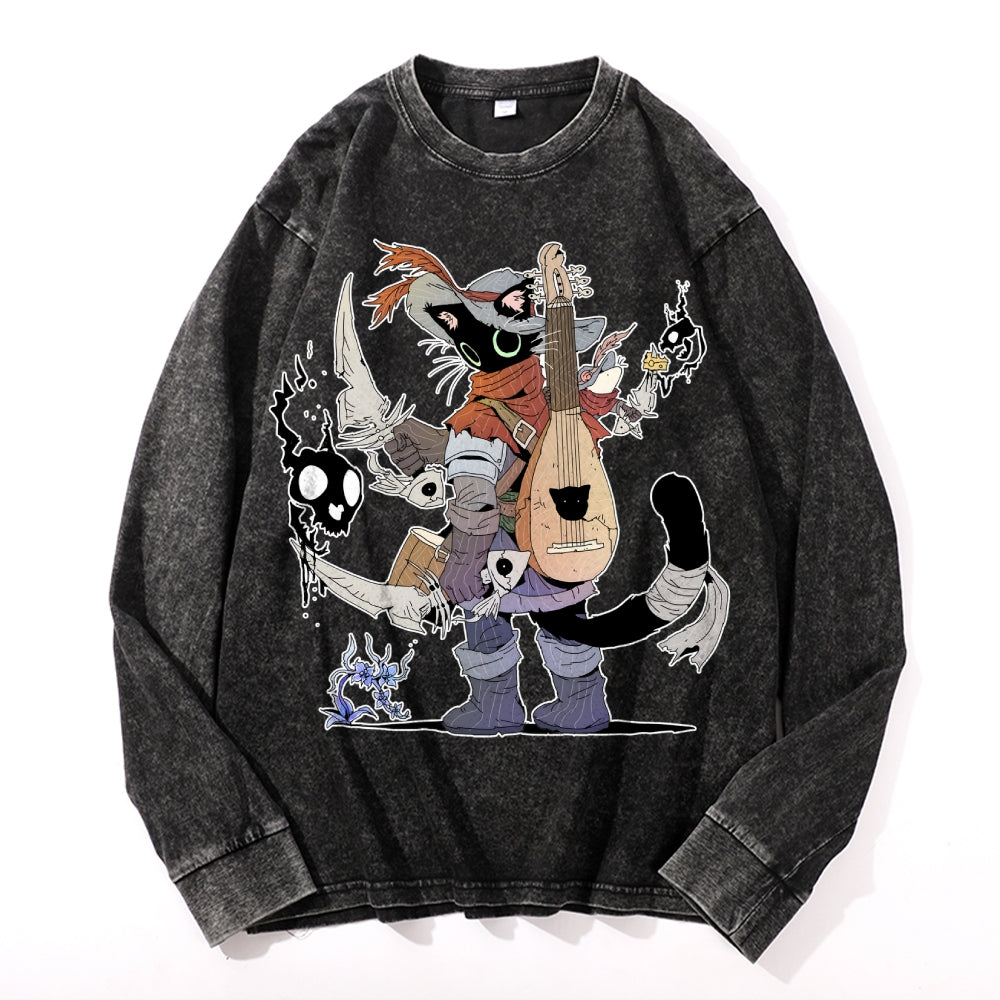 Battle Bard Cat With Fishbone Swords Vintage Cotton Wash Crewneck Long-Sleeve T-Shirt