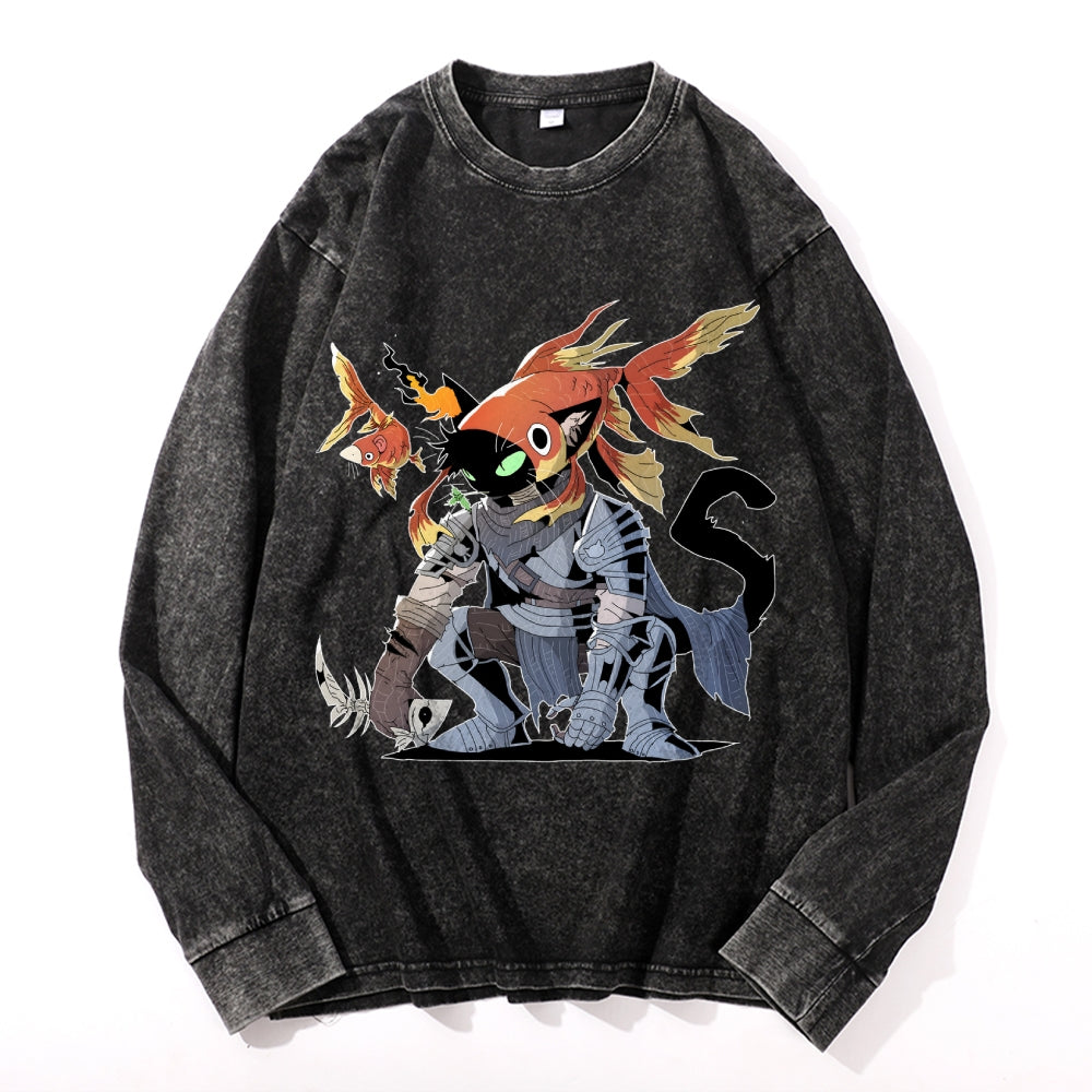 Cat Knight With Goldfish Hood Vintage Cotton Wash Crewneck Long-Sleeve T-Shirt
