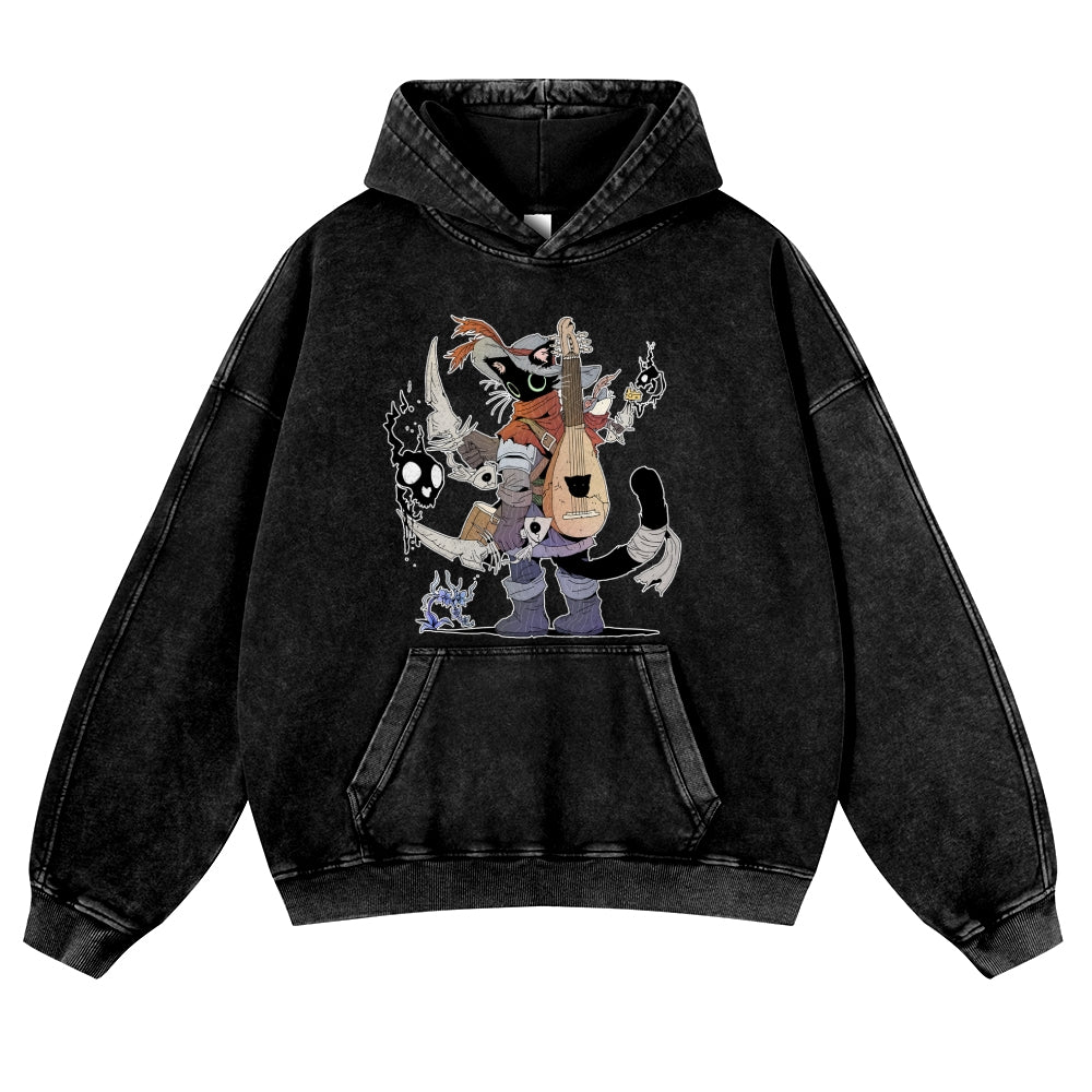 Battle Bard Cat With Fishbone Swords Vintage Washed Thick Cotton Hoodie