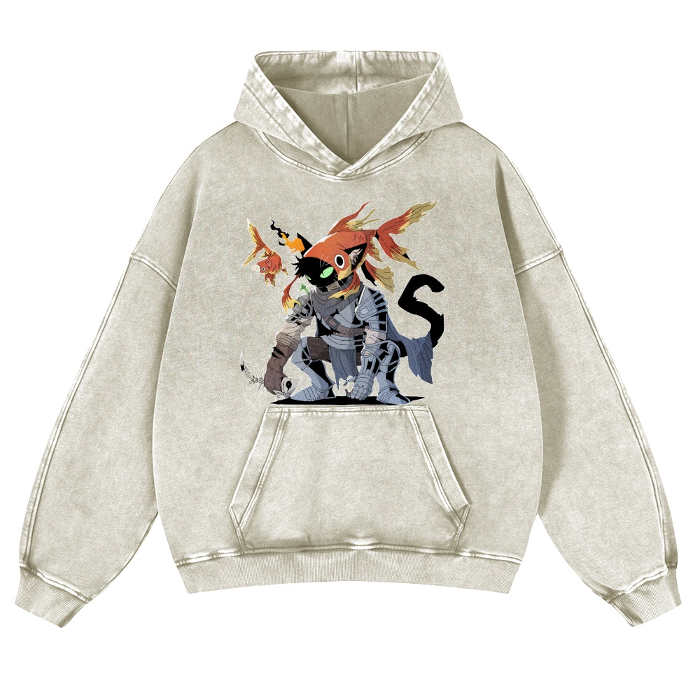 Cat Knight With Goldfish Hood Vintage Washed Thick Cotton Hoodie