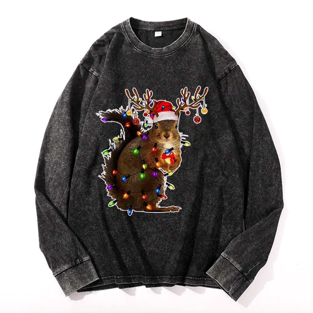 Christmas Squirrel Vintage Cotton Wash Crewneck Long-Sleeve T-Shirt