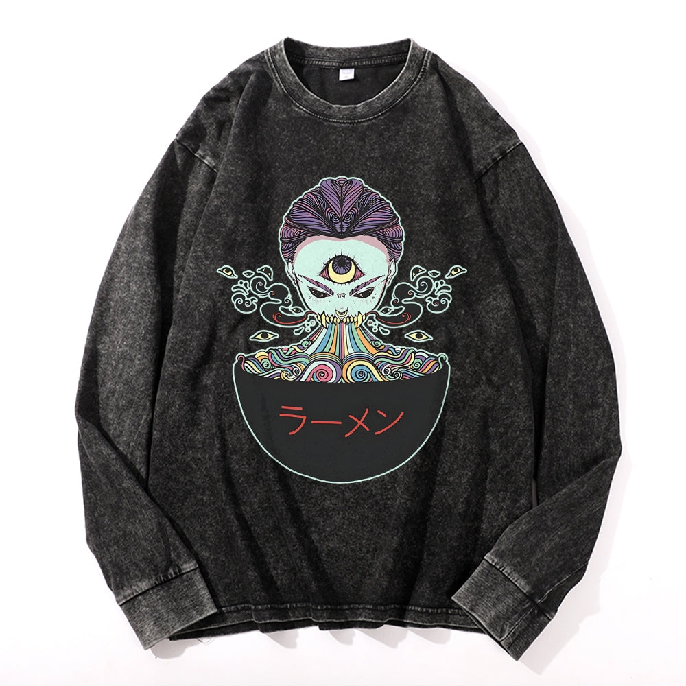 Ramen Noodles Monster Vintage Cotton Wash Crewneck Long-Sleeve T-Shirt