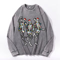 Skeletons Celebrate Christmas Vintage Cotton Wash Crewneck Long-Sleeve T-Shirt