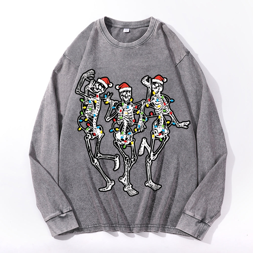 Skeletons Celebrate Christmas Vintage Cotton Wash Crewneck Long-Sleeve T-Shirt