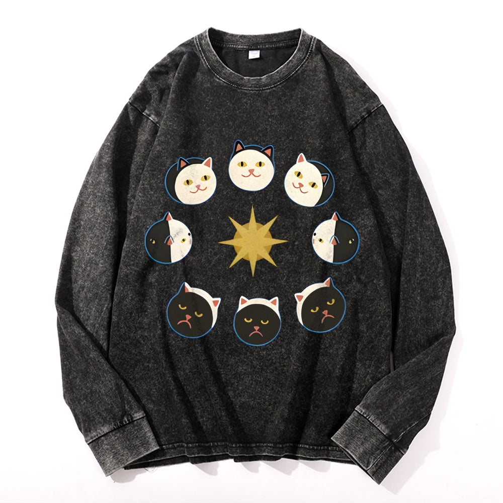 Tiger Eclipse Cat Vintage Cotton Wash Crewneck Long-Sleeve T-Shirt