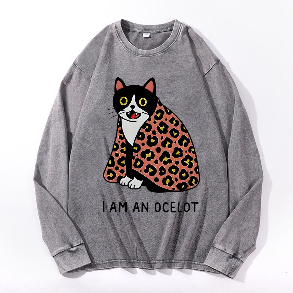 Tiger Ocelot Vintage Cotton Wash Crewneck Long-Sleeve T-Shirt
