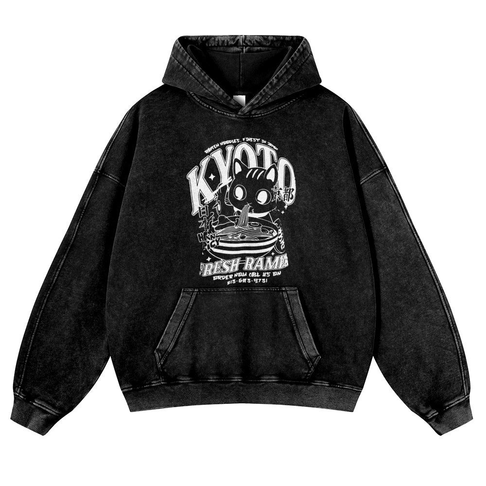 Kyoto Ramen Cat Vintage Washed Thick Cotton Hoodie
