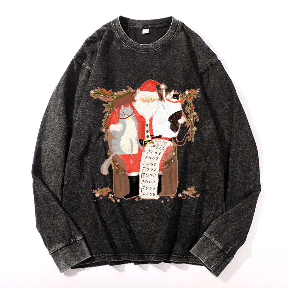 Christmas Cat Vintage Cotton Wash Crewneck Long-Sleeve T-Shirt