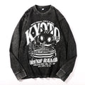 Kyoto Ramen Cat Vintage Cotton Wash Crewneck Long-Sleeve T-Shirt