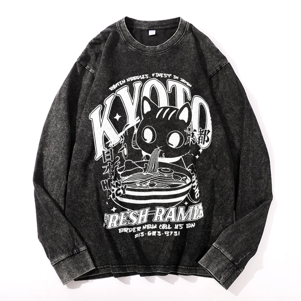 Kyoto Ramen Cat Vintage Cotton Wash Crewneck Long-Sleeve T-Shirt
