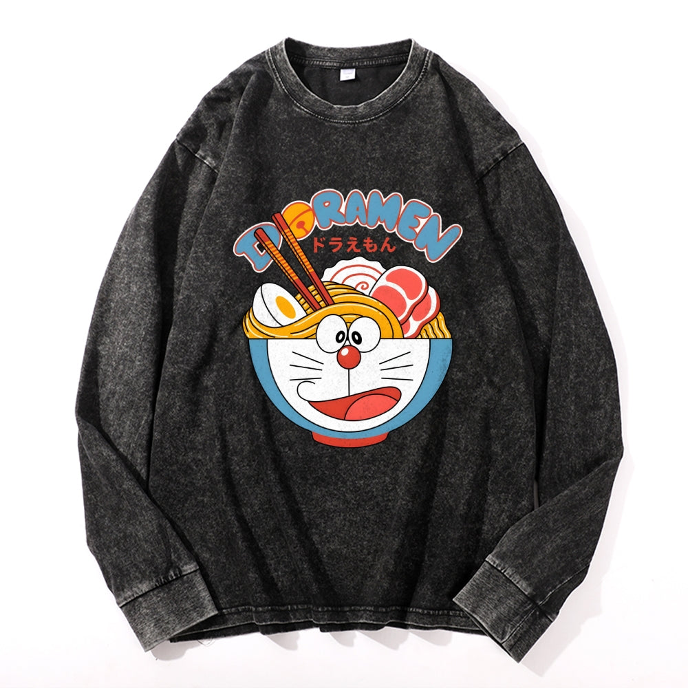 Cat Ramen Vintage Cotton Wash Crewneck Long-Sleeve T-Shirt