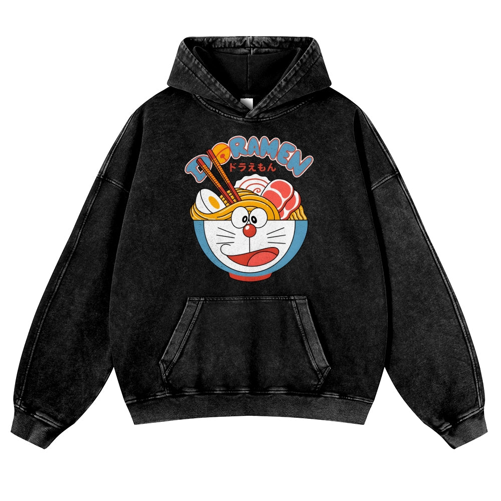 Cat Ramen Vintage Washed Thick Cotton Hoodie