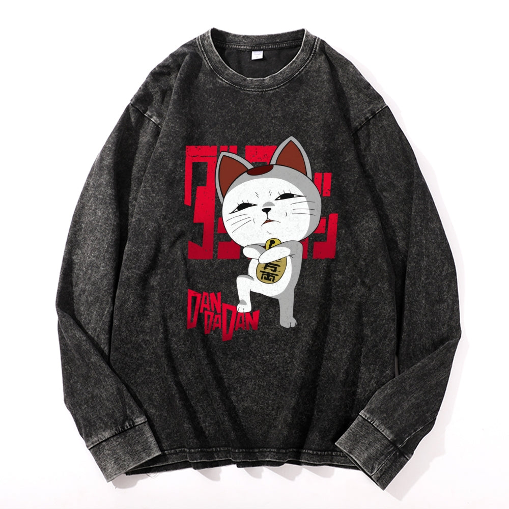 Dandadan Turbo Cat Vintage Cotton Wash Crewneck Long-Sleeve T-Shirt