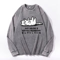 Nervous Breakdown Cat Vintage Cotton Wash Crewneck Long-Sleeve T-Shirt
