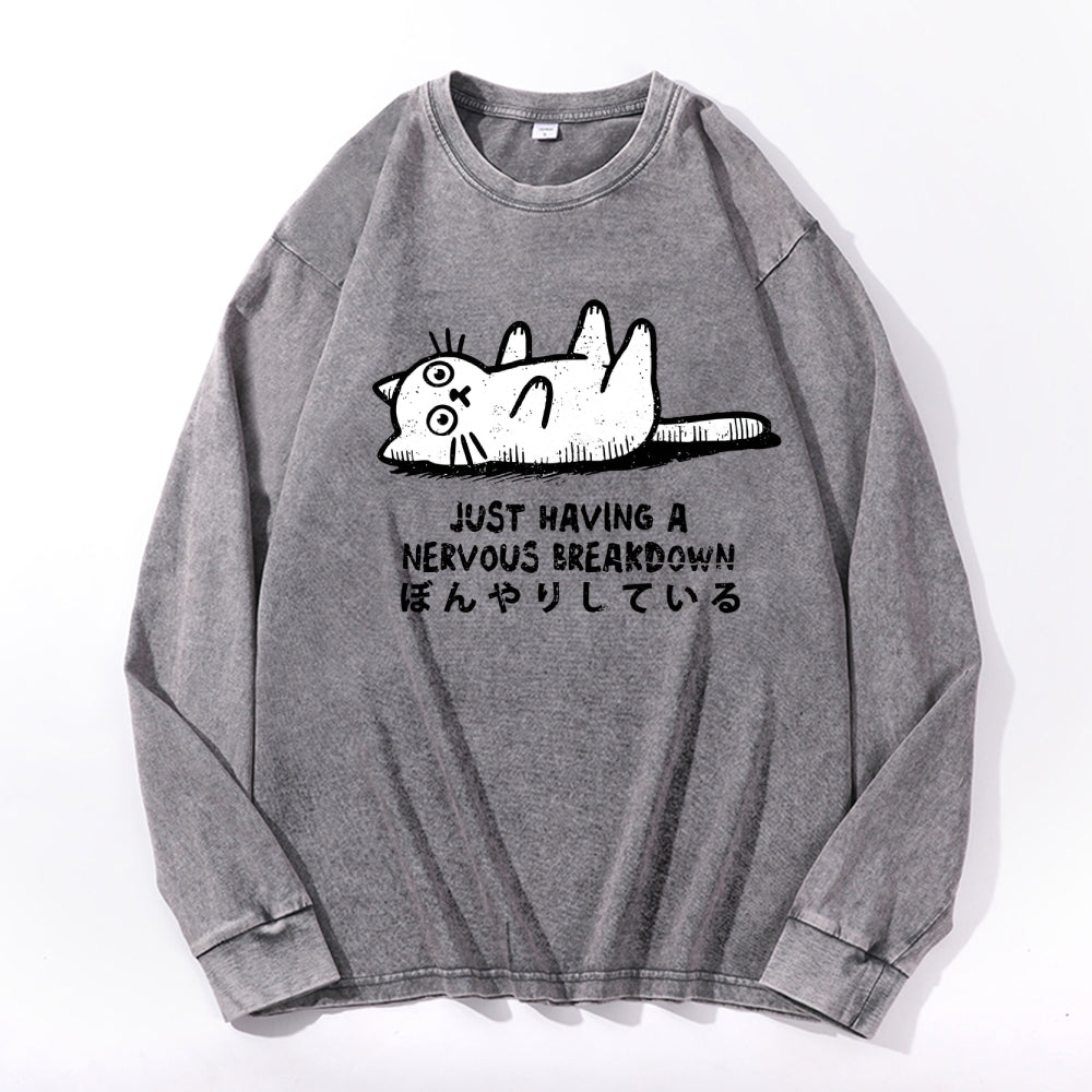 Nervous Breakdown Cat Vintage Cotton Wash Crewneck Long-Sleeve T-Shirt