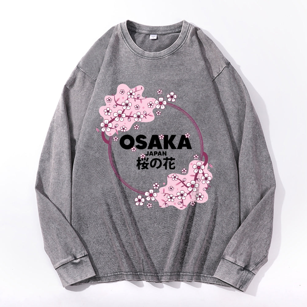 Osaka Sakura Vintage Cotton Wash Crewneck Long-Sleeve T-Shirt
