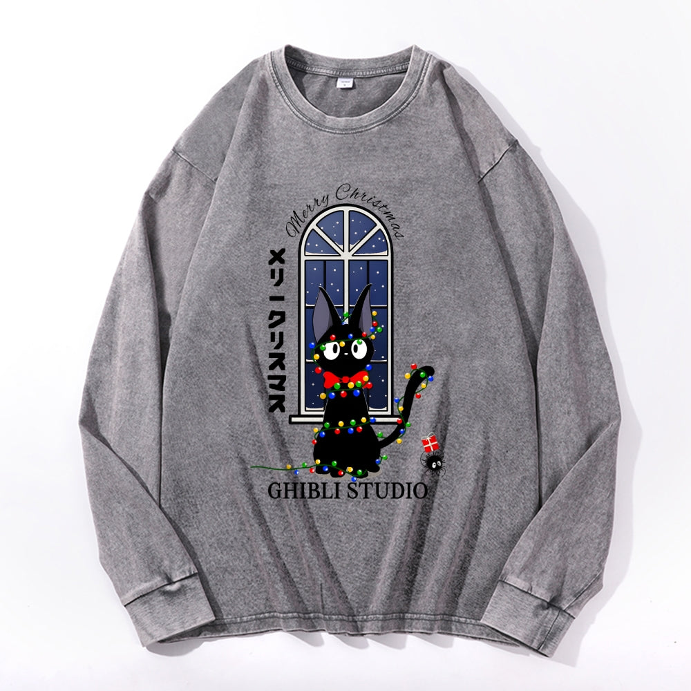 Ghibli Kiki Christmas Vintage Cotton Wash Crewneck Long-Sleeve T-Shirt