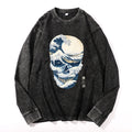 Great Wave Skull Vintage Cotton Wash Crewneck Long-Sleeve T-Shirt