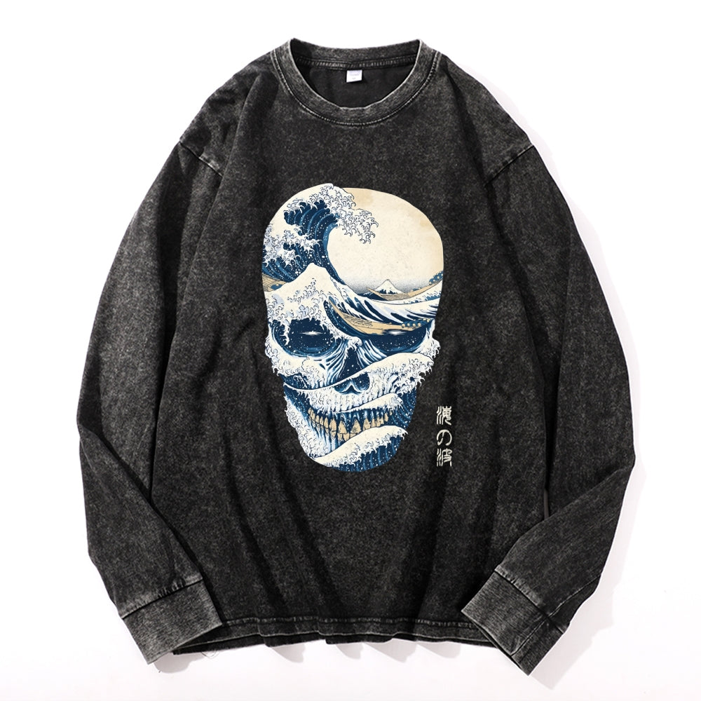 Great Wave Skull Vintage Cotton Wash Crewneck Long-Sleeve T-Shirt