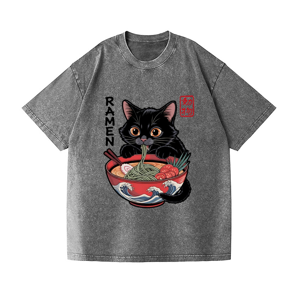 Cat Ramen Vintage Wash Japanese Design T-Shirt