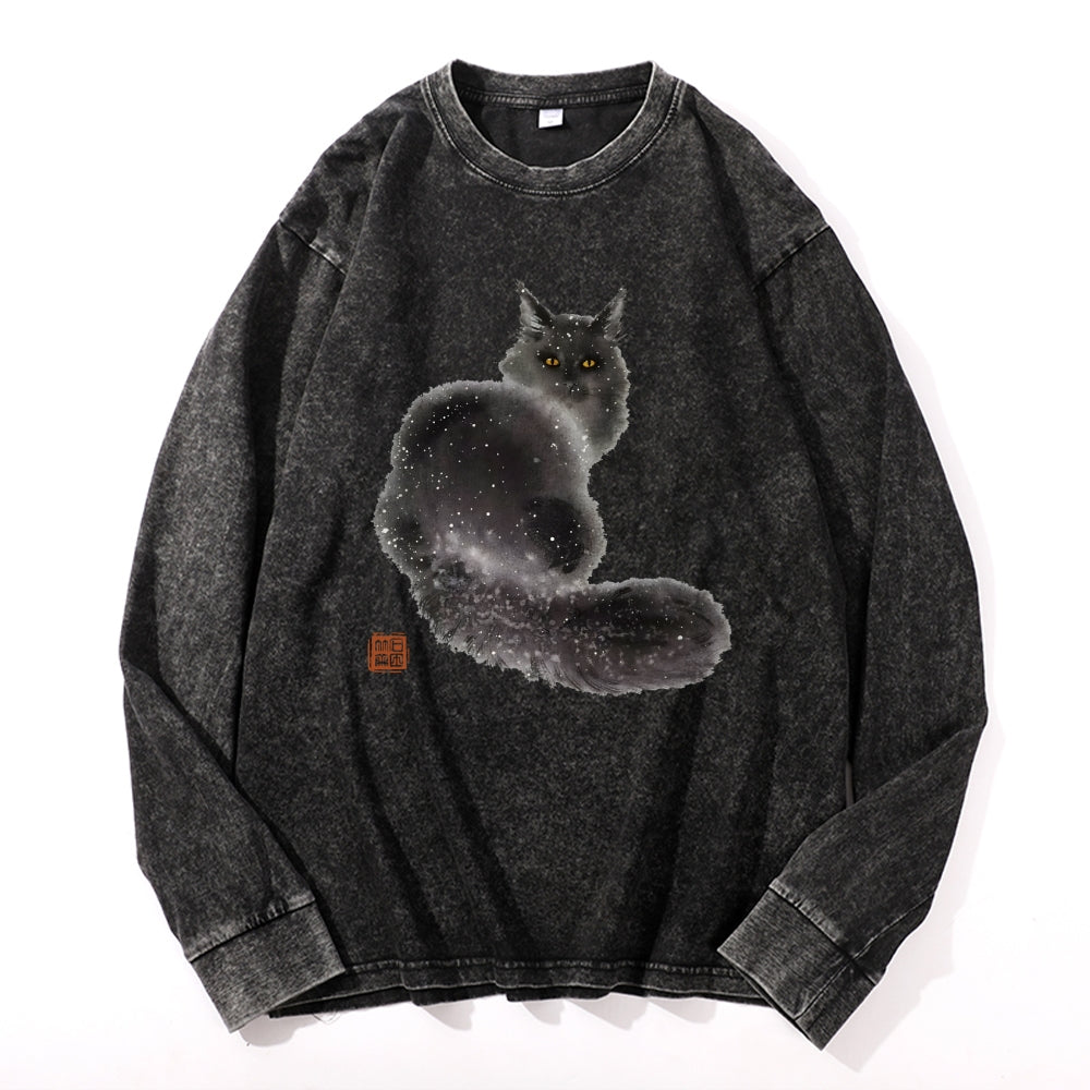 Snow Cat Vintage Cotton Wash Crewneck Long-Sleeve T-Shirt