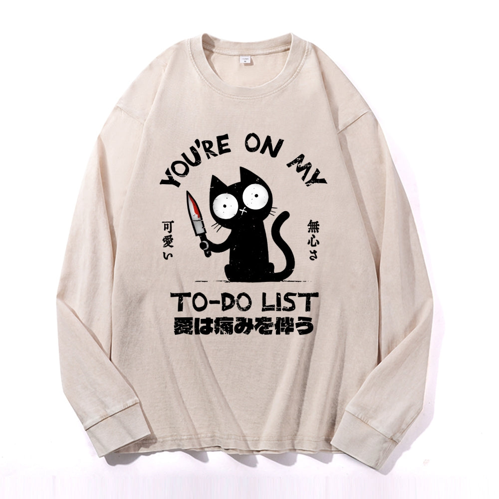 Cat Vintage Cotton Wash Crewneck Long-Sleeve T-Shirt