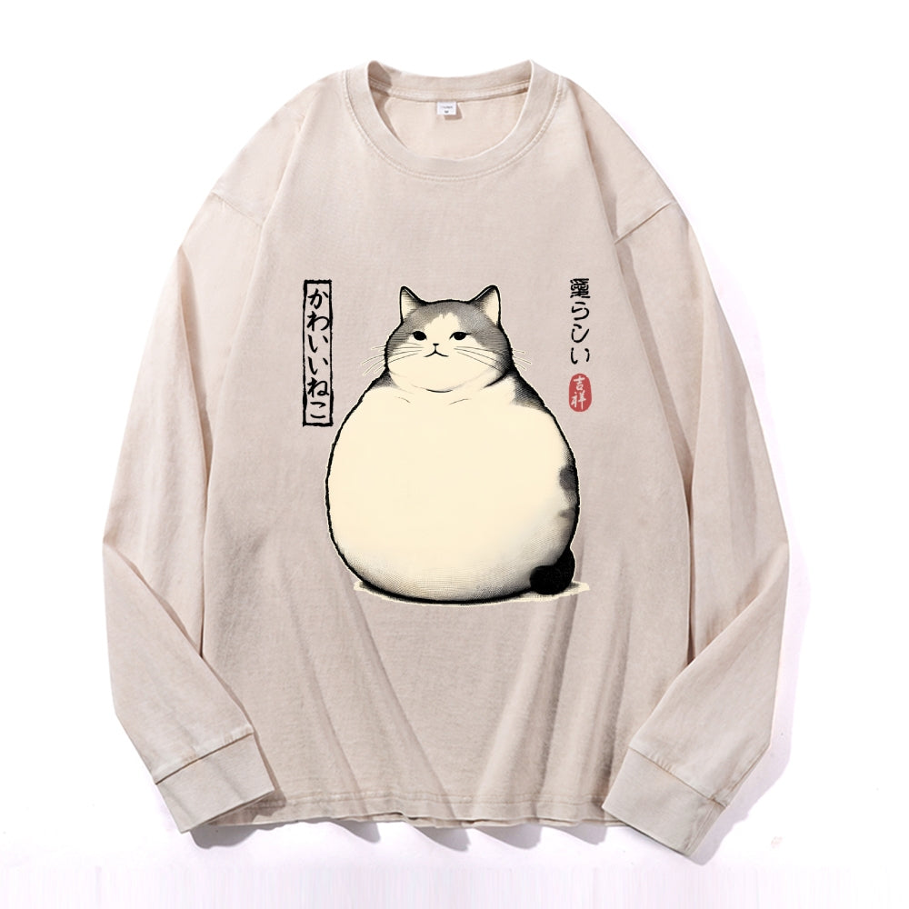 Cute Fat Cat Vintage Cotton Wash Crewneck Long-Sleeve T-Shirt