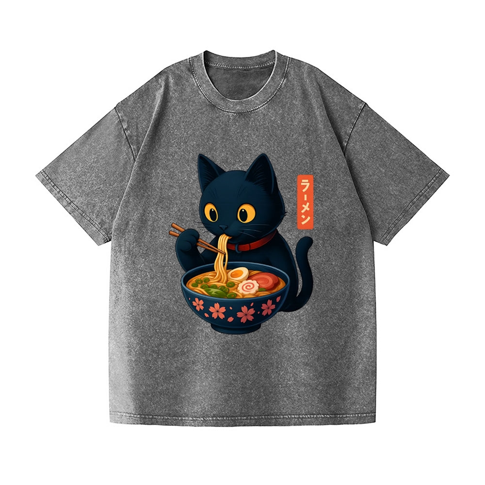 Black Cat Ramen Vintage Wash Japanese Design T-Shirt