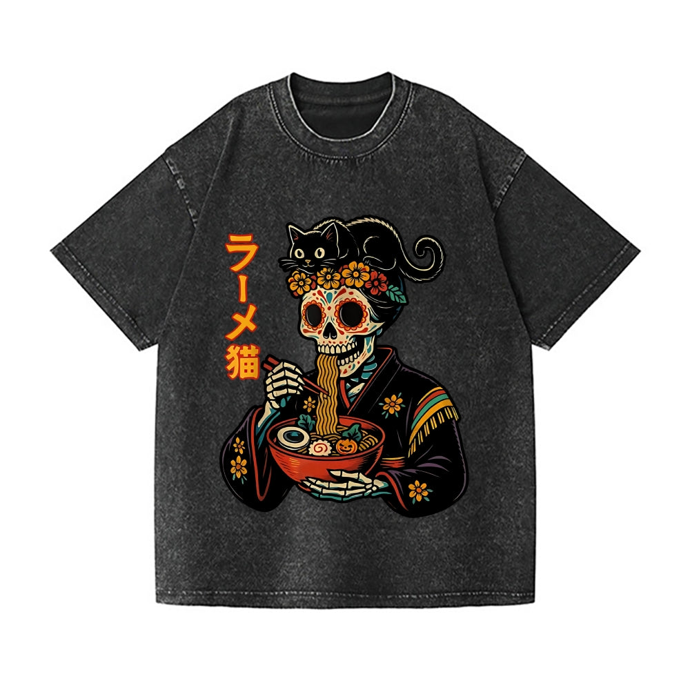 Dead Geisha Skeleton Eating Ramen Vintage Wash Japanese Design T-Shirt