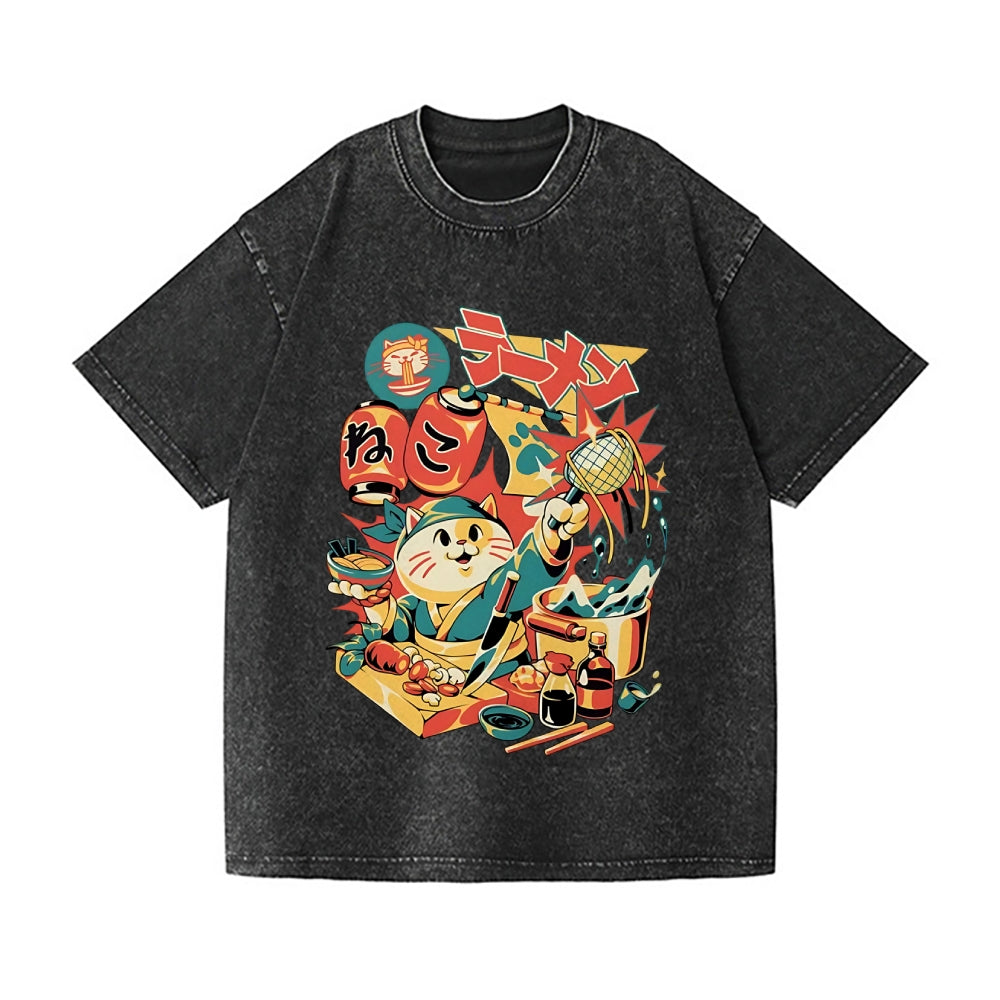 Cat Ramen Vintage Wash Japanese Design T-Shirt